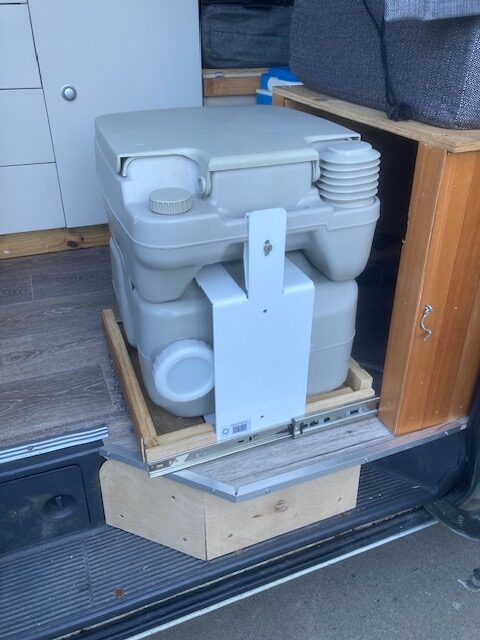 Metal bracket with 'Fix-a-Potty' for 20 litre toilet for New Zealand Self Containment.  Get Self Contained New Zealand.