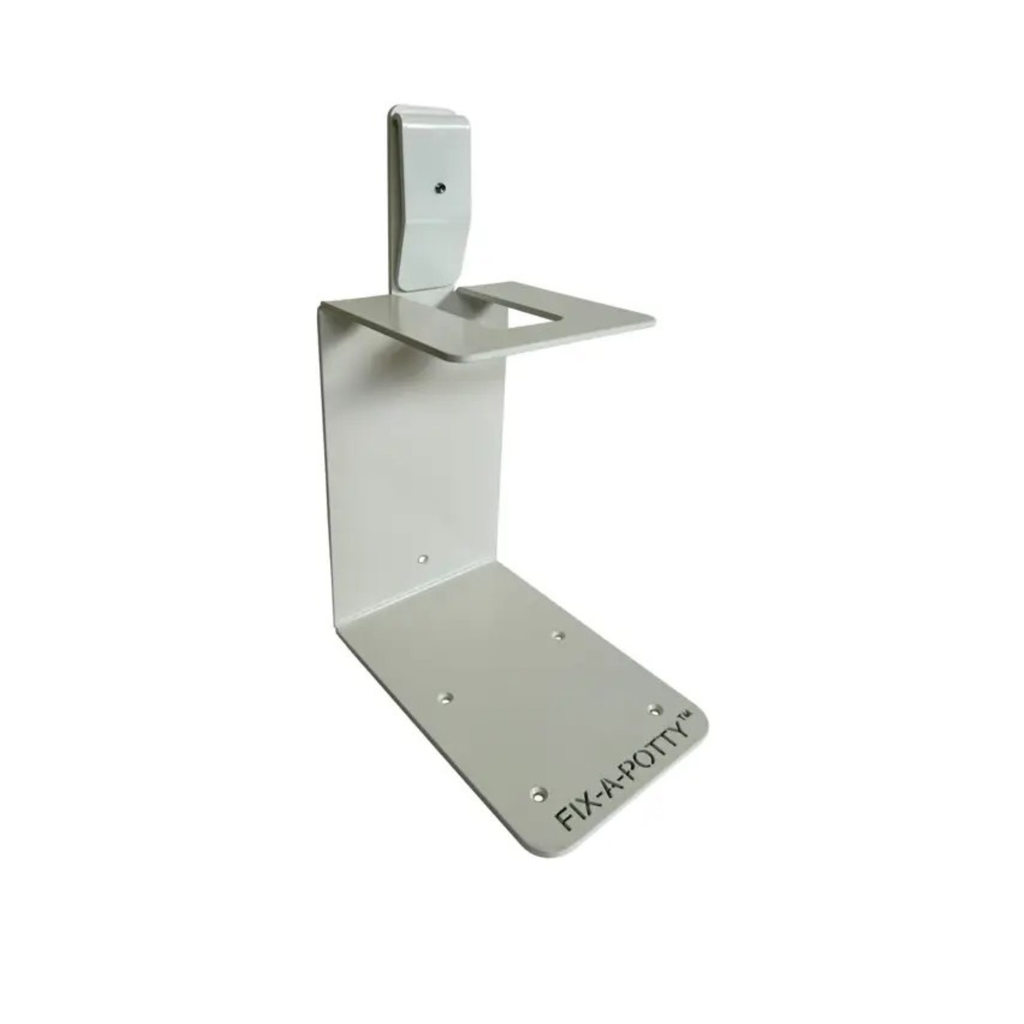 Metal bracket with 'Fix-a-Potty' for 20 litre toilet for New Zealand Self Containment.  Get Self Contained New Zealand