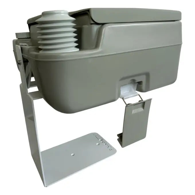 Metal bracket with 'Fix-a-Potty' for 20 litre toilet for New Zealand Self Containment.  Get Self Contained New Zealand