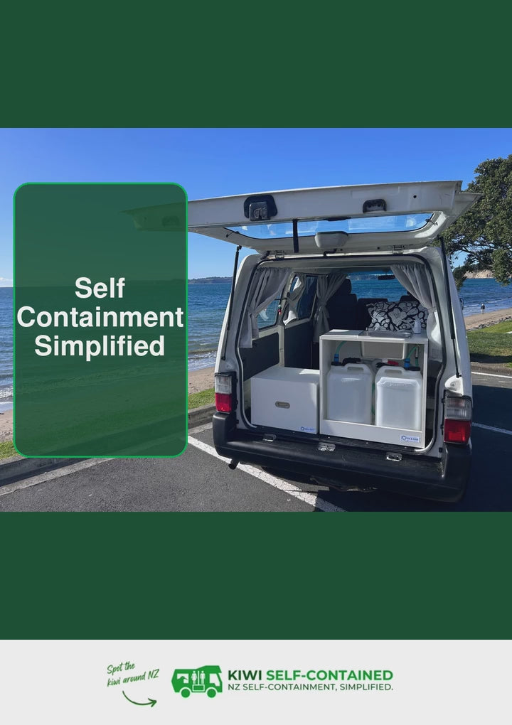 Campervan setup demonstration with Fix-a-Sink and optional toilet, Hide-a-Potty cover and bin. Check each product listing for included items.